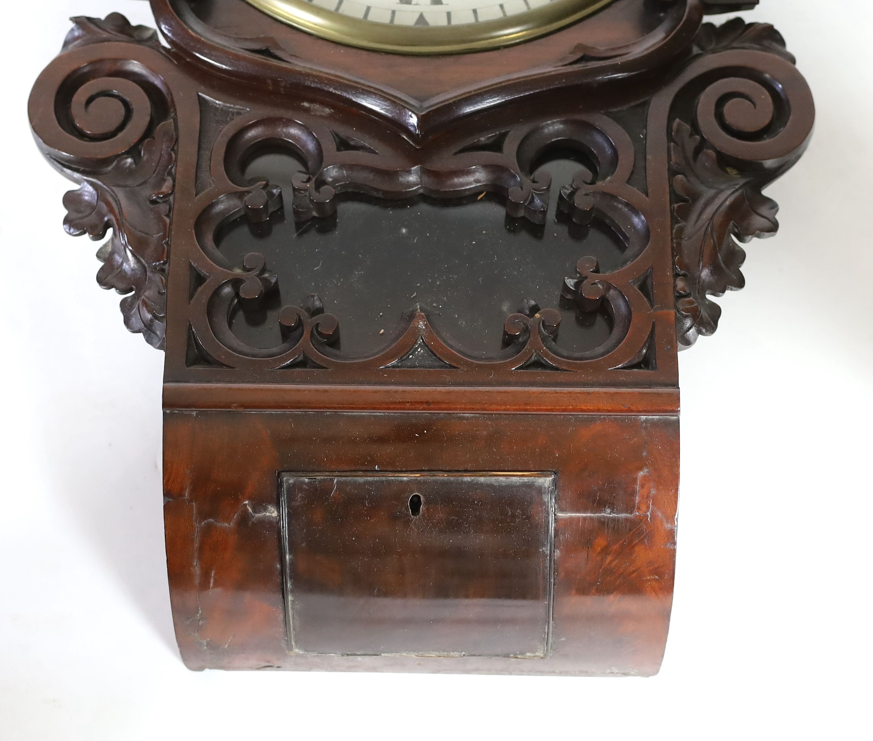 Charles Frodsham, 27 South Molton Street, London. A Victorian carved mahogany drop dial wall timepiece, width 48cm, height 76cm